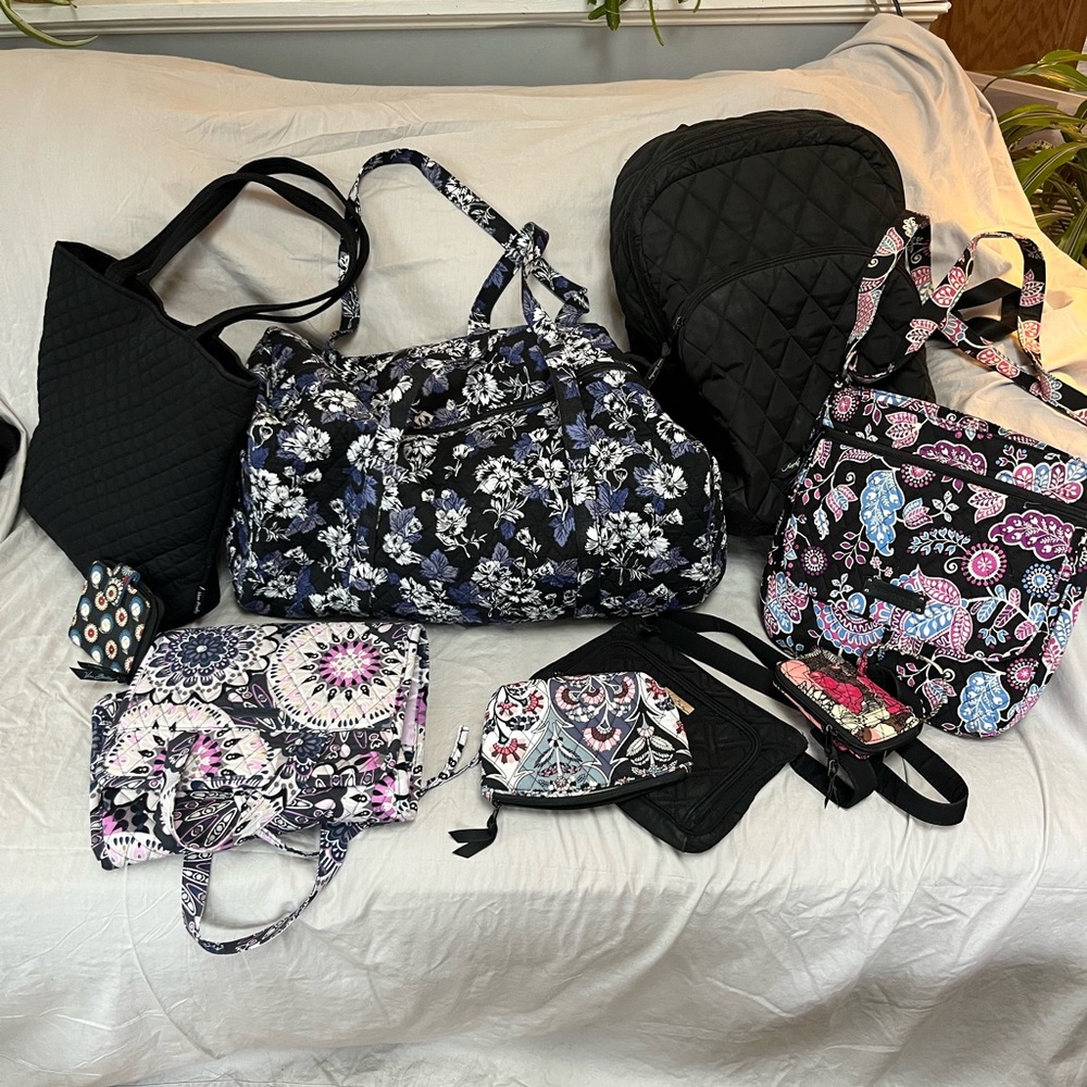 Vera Bradley Black Quilted Travel Tote & Floral Pattern Bag Set- 10 Pieces